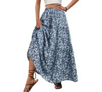 EMOTTOS Rock Lang Damen Sommer, Bedruckter Maxi Skirt Damen Boho Elastische Taille A-Linie Faltenrock Floral Urlaub Sommer, Blau XL