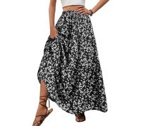 EMOTTOS Rock Lang Damen Sommer, Bedruckter Maxi Skirt Damen Boho Elastische Taille A-Linie Faltenrock Floral Urlaub Sommer, Schwarz L