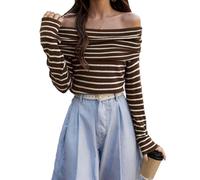 EMOTTOS Sexy gestreifte gestrickte Tops, Slim Fit Women's One-Shoulder Ribbed Long Sleeve, Trägerlose gestreifte Color Blocking Shirts für Frauen, Female Sexy Clubwear Top, Einheitsgröße für alle