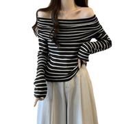 EMOTTOS Sexy gestreifte gestrickte Tops, Slim Fit Women's One-Shoulder Ribbed Long Sleeve, Trägerlose gestreifte Color Blocking Shirts für Frauen, Female Sexy Clubwear Top, Einheitsgröße für alle