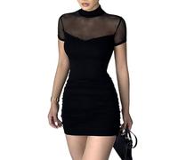 EMOTTOS Sexy Mini Mesh Kleid, Weiches Damen Spitze Patchwork Kurzarm Club Bodycon Kleid, Halbhoher Ausschnitt Gerüschte Partykleider, Schwarz, M