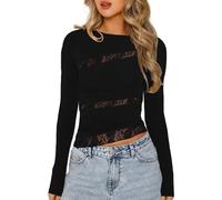 EMOTTOS Sexy Spitzen Oberteil für Damen, Y2K Patchwork Mesh Crop Tops, Langärmeliges T-Shirt mit Unregelmäßigem Saum, Slim Fit Rundhalsausschnitt Spitzenhemd für Club Party, Schwarz, M