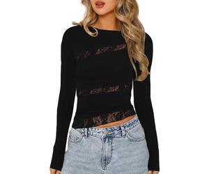 EMOTTOS Sexy Spitzen Oberteil für Damen, Y2K Patchwork Mesh Crop Tops, Langärmeliges T-Shirt mit Unregelmäßigem Saum, Slim Fit Rundhalsausschnitt Spitzenhemd für Club Party, Schwarz, M