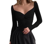 EMOTTOS Sexy Tencel Chiffon Oberteile, Slim Fit Frauen Gerüschte Maschenware Lange Ärmel, V-Ausschnitt See Through Shirts für Frauen, Damen Sexy Clubwear Top(Schwarz/Weiß, S-L)