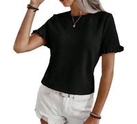EMOTTOS Streifen Tops für Damen, Sommer T-Shirts mit Lockerem Rundhalsausschnitt, Lässiges Chiffon Hemd aus Faux-Chiffon mit Rüschenärmeln zum Ausgehen Auf Einer Party, Schwarz, S