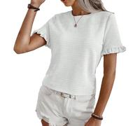 EMOTTOS Streifen Tops für Damen, Sommer T-Shirts mit Lockerem Rundhalsausschnitt, Lässiges Chiffon Hemd aus Faux-Chiffon mit Rüschenärmeln zum Ausgehen Auf Einer Party, Weiß, S