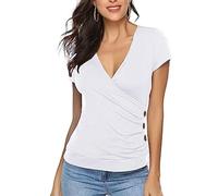 EMOTTOS Y2K Slim Fit V-Ausschnitt Tops, Soft Low-Cut Crop Top Sweatheart Neck Shirt/Frauen Kreuz Wrap Knopf Tunika Tops Sommer Bluse, Mode Skinny Y2K Tee Shirt, Weiß, L