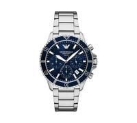 Emporio Armani Watch for Men, Chronograph Movement and 46mm Case Size with Stainless Steel, Leather or Silicone Strap Blau und Silber, 43.5MM