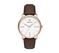 Emporio Armani Herren-Armbanduhr aus Leder mit drei Zeigern, Roségold/Braun, 42MM, Minimalistisch