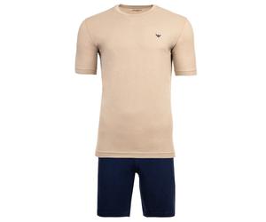 EMPORIO ARMANI Herren Schlafanzug, kurz - ENDURANCE, Short Pyjama Set, Stretch Cotton Beige/Blau 2XL