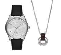 Emporio Armani Herren Schwarze Lederuhr und Halskette aus Edelstahl, Set