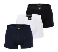EMPORIO ARMANI Herren Trunks, 3er Pack - ESSENTIAL LOGOLABEL, Shorts, Stretch Cotton Schwarz/Weiß/Blau L