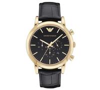Emporio Armani Watch For Men, Chronograph Movement and 46mm Case Size with Stainless steel, Leather or Silicone strap Schwarz und Goldton , 46MM
