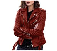 EMUKFD Damen Lederjacken Faux Motorrad Plus Size Moto Biker Mantel Kurz Leicht Vegan Pleather Fashion Slim Fitted Outwear mit Reißverschlusstaschen, wein, 42
