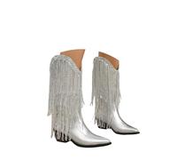 ENEN Cowboystiefel Damen Weiter Schaft, Wildleder Stiefeletten Mit Herbst Winter Halbstiefel Atmungsaktiv Reißverschluss Kurzstiefel Westernstiefel Quasten 36-42 EU (Silber,38)