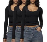 ENERFUL Damen-Langarm-Shirts, U-Ausschnitt, enganliegend, leger, lässig, weich, flauschig, 2/3er-Pack, 3er-Pack Schwarz, Groß