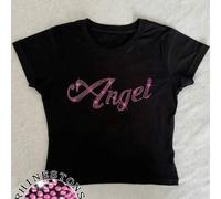 Engel Strass Glitzer Grafik T-Shirt, Damen Crop Top mit rundem Ausschnitt, lässiger ästhetischer Stil, geeignet für Sommerausflüge