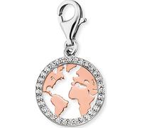 Engelsrufer Damen-Charm in Form einer Weltkarte, aus 925er Sterling Silber, mit Zirkonia Steinen, Karabinerverschluss, Größe: 13,8 x 11,7 cm, ERC-WORLD-BICOR-ZI