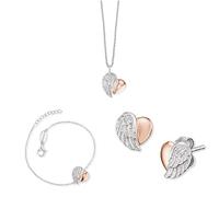 Engelsrufer Damen Schmuckset: Bicolor Halskette, Armband & Ohrstecker mit Herzflügel Anhängern aus Sterling Silber, Zirkonia Steinen, verstellbar, nickelfrei, Karabinerverschluss, 9mm Ohrringe