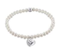 Engelsrufer Damen Stretch-Armband aus Sterling Silber mit Süßwasser-Perlen und Herzflügel-Anhänger, nickelfrei, 17 cm