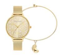 Engelsrufer Damenuhr Gold mit Lebensblume & Mesh-Armband + Passender Armreif mit Herz- und Flügel-Anhänger - Stilvolle Kombination aus Edelstahl & 925er Silber