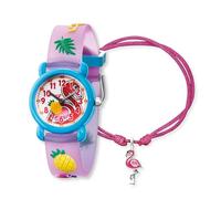 Engelsrufer Herzengel Kinder Uhrenset mit Flamingo Motiv - analoge Armbanduhr, robustes Kunststoffgehäuse, weiches Band, 27mm, 3ATM mit passendem Nylonarmband und Stiftemäppchen