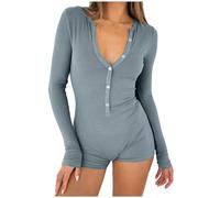 Enger Jumpsuit Damen Kurz Mit Langarm - Schlafanzug Damen Jumpsuit Eng Gerippt Yoga-Bodysuit Overall Stretch Bodycon Romper Sexy One Piece Bodycon Sportanzug Einteiler Ganzkörperanzug Trainingsanzug