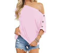 Eniloyal Schulterfreies Oberteil Damen Off Shoulder Sommer Elegant Tshirt Carmen Oversize Shirt Tops Sexy Fledermausärmel T-Shirt T Shirt Lässige Locker Rosa