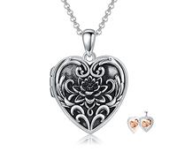 enjoylifecreative Lotus Foto Medaillon Halskette für Damen 925er Sterling Silber Lotusblume Herz Medaillon zum öffnen für Bilder Lotusblüte Anhänger Kette mit Foto Schmuck Geschenk für Frauen Mädchen