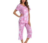 ENJOYNIGHT Damen Schlafanzug Baumwolle Sommer Kurz Pyjama Set Kurzarm Shirt mit 3/4 Lange Capri Hose Nachtwäsche (Medium,Tie Dye Rosa)