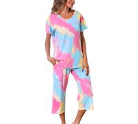 ENJOYNIGHT Damen Schlafanzug Baumwolle Sommer Kurz Pyjama Set Kurzarm Shirt mit 3/4 Lange Capri Hose Nachtwäsche (XX-Large,Tie Dye Rosa Blau)