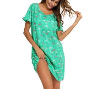 ENJOYNIGHT Nachthemd Damen Kurzarm Baumwolle Schlafshirt Sommer Sleepshirt Kurz Nachtwäsche Nachtkleid Weiche Schlafhemd (X-Large,Grüner Flamingo)