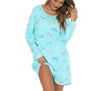 ENJOYNIGHT Nachthemd Damen Langarm Baumwolle Schlafshirt Print Sleepshirt Frauen Nachtwäsche Nachtkleid(X-Large,Blaues Fliegen)