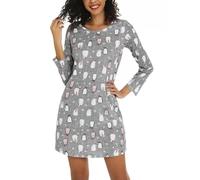 ENJOYNIGHT Nachthemd Damen Langarm Baumwolle Schlafshirt Print Sleepshirt Frauen Nachtwäsche Nachtkleid(X-Large,Grau Pinguin)
