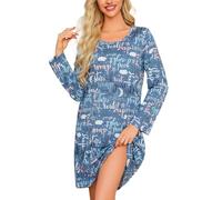 ENJOYNIGHT Nachthemd Damen Langarm Baumwolle Schlafshirt Print Sleepshirt Frauen Nachtwäsche Nachtkleid(X-Large,Blauer Buchstabe)