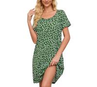 ENJOYNIGHT Nachthemd Damen Sommer Baumwolle Schlafshirt Printed Kurzarm Sleepshirt T-Shirt Schlafhemd Frauen Nachtwäsche Nachtkleid(X-Large,Grüne Blume)