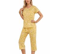 ENJOYNIGHT Schlafanzug Damen Kurz Pyjama Set Kurzarm Top mit 3/4 Lang Schlafhose Zweiteiliger Nachtwäsche S-3XL (XX-Large,Gelbe Blume)