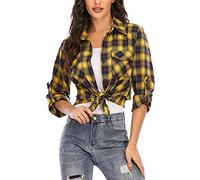 Enjoyoself Damen Flanellhemd 100% Baumwolle Langarm Holzfällerhemd Button-down Karierte Bluse für Alltag Oktoberfest Gelb,M