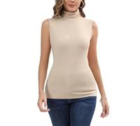 Enjoyoself Damen Rolli Top Ärmelloses Rollkragenshirt Gerippt Dünn Leicht Unterziehrolli Dehnbar Basic Top mit Stehkragen Beige,XXL