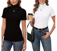 Enjoyoself Damen Rollkragenshirt 2er Pack Rollishirt Kurzarm Pullover Casual Dünn Weich Unterziehrolli schwarz,weiß,XXL