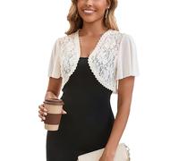 Enjyam Damen Bolero Festlich Elegant Spitzen Bolerojacke Kurzarm Jäckchen Leicht Schulterjacke zum Kleider beige,S