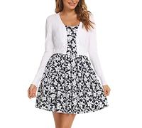 Enjyam Damen Bolero Jäckchen Langarm Kurze Strickjacke mit Knopf Elegante Weiche Jacke V Ausschnitt Schulterjacke zum Kleid Weiß,M