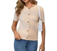 Enjyam Damen Kurze Strickjacke Elegant Kurzarm Rundhals Cardigan Leicht Dünn Bolero Jäckchen über Top Kleid Beige,S