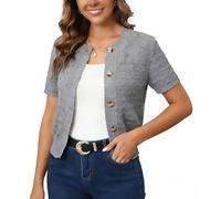 Enjyam Damen Kurze Strickjacke Elegant Kurzarm Rundhals Cardigan Leicht Dünn Bolero Jäckchen über Top Kleid Grau,S