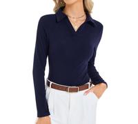 Enjyam Damen Poloshirt Langarm Gerippt V Ausschnitt Figurbetont Tshirt | Langarmshirt mit Polokragen, weich leicht und dehnbar, mit Feinripp Muster, Elegant Basic für Herbst
