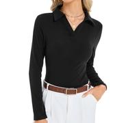 Enjyam Damen Poloshirt Langarm Gerippt V Ausschnitt Figurbetont Tshirt | Langarmshirt mit Polokragen, weich leicht und dehnbar, mit Feinripp Muster, Elegant Basic für Herbst