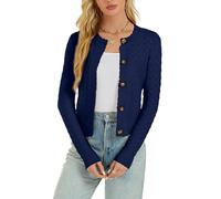 Enjyam Damen Strickjacke Langarm Elegant Kurz Cardigan mit Knöpfe Rundhals Weiche Leichte Jacke zum Top Kleid Navy,XXL