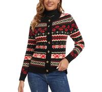 Enjyam Damen Strickjacke Langarm Rundhals Cardigan mit Norweger Strickmuster Weiche Strickweste mit Knopfleiste Schwarz,M