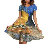 ENLACHIC Damen Sommer Kurzarm Sonnenblume Print Casual T Shirt Flowy Swing Kleider, Cafe Terrasse bei Nacht, Groß