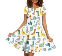 ENLACHIC Damenkleid mit Dinosaurier-Motiv, 3D-Druck, kurzärmelig, A-Linie, lässig, schwingend, Midi-Kleid, niedlicher Dinosaurier, Größe M